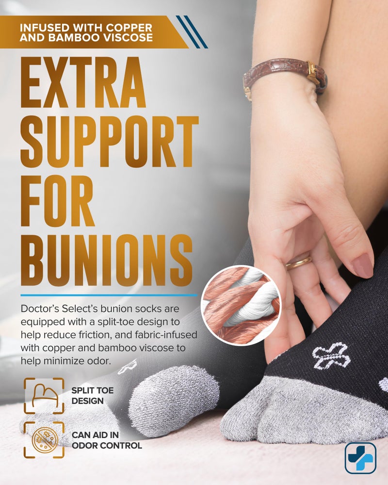 Doctor's Select 2 Pairs Bunion Socks for Women and Men - Copper & Bamboo Viscose Infused Bunion Relief Socks with Toe Separator | Black - Image 2